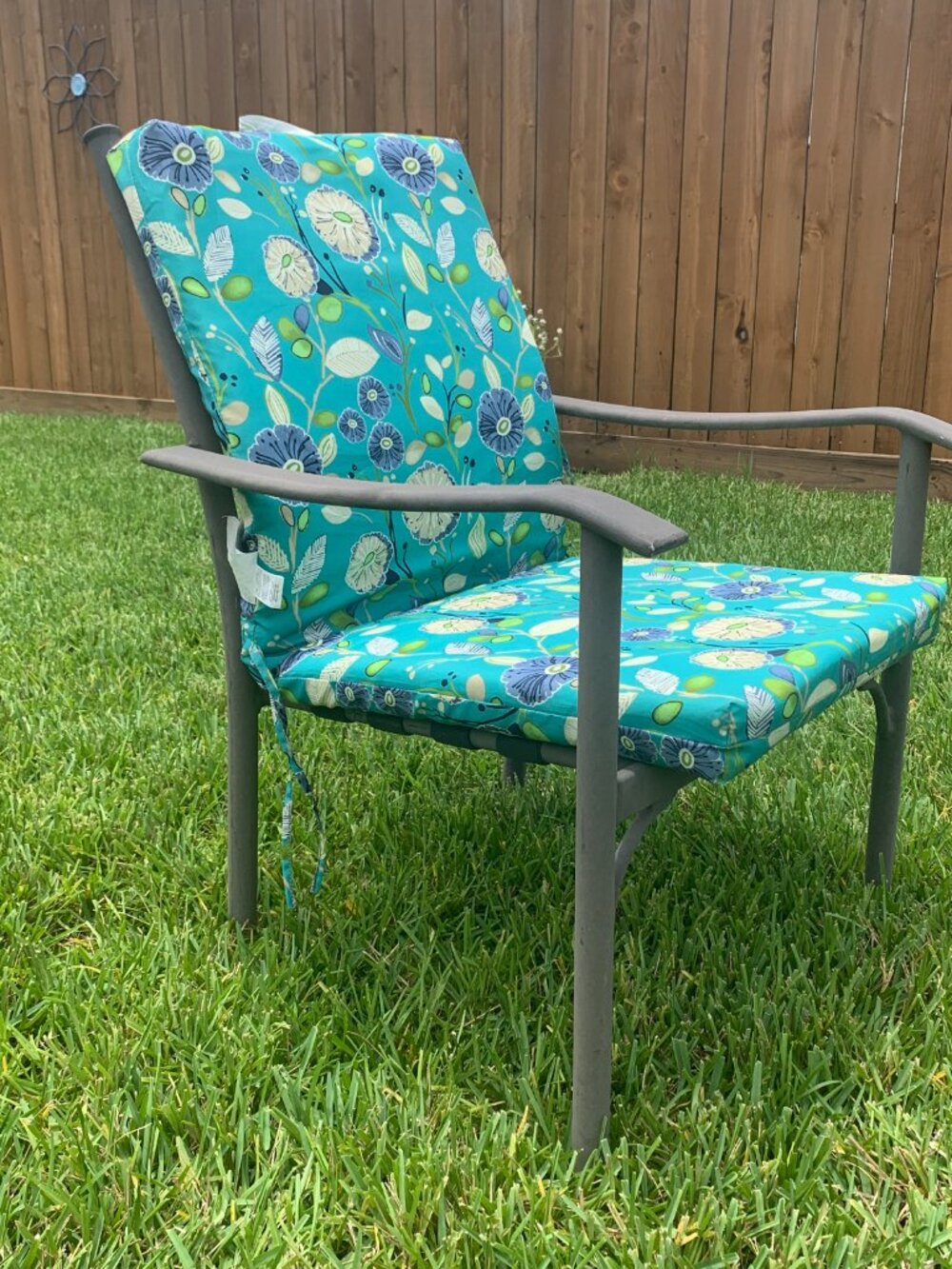 Mainstays Patio Chair Cushion Teal Blue Flower Outdoor High Back Tufted 43x20